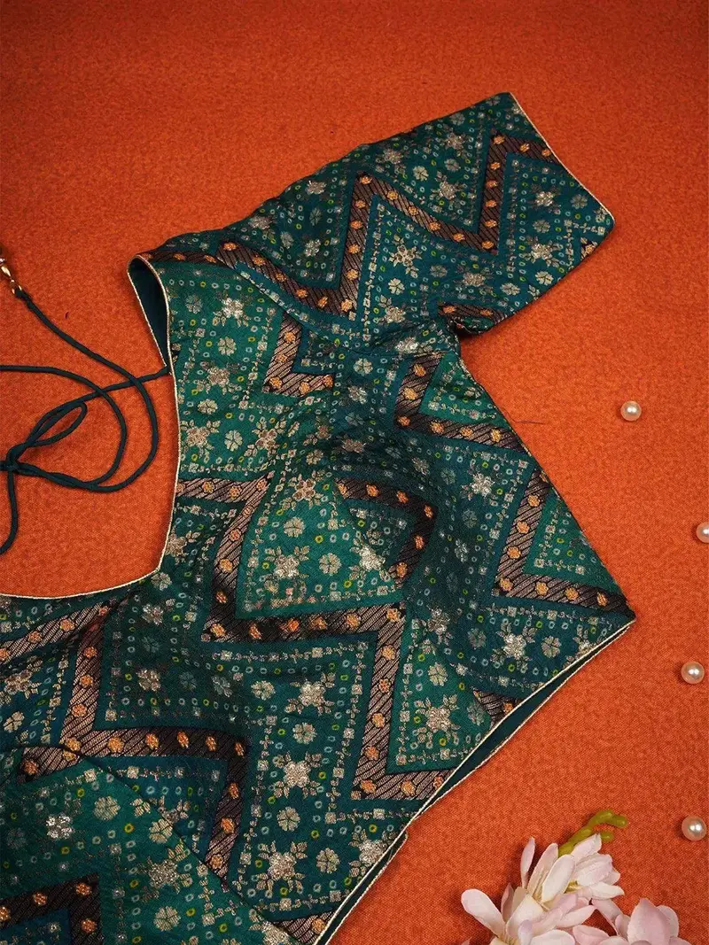 Green Silk Readymade Blouse Adorned With Floral Geometric Design 1