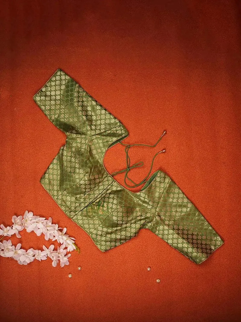 Green Silk Readymade Blouse Adorned With Small Floral Motifs Design 1