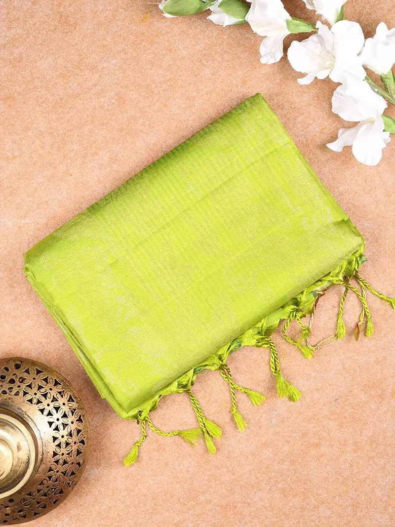 Green Soft Silk Saree With Stripes And Floral Design On The Body And Without Border 1