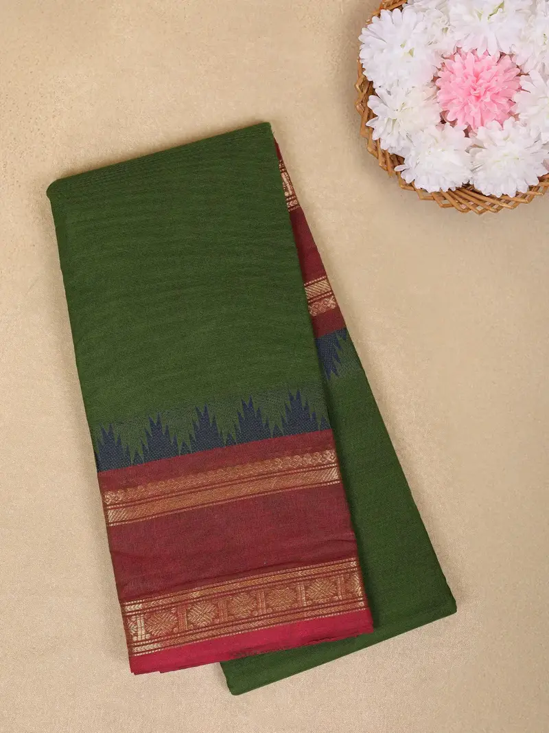Green Solid Design Cotton Saree With Contrast Maroon Zari Border 1