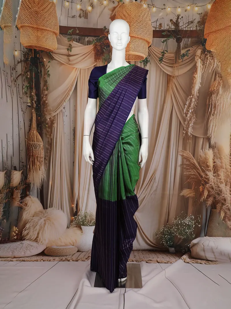 Green Striped Design Pure Kanchipuram Silk Saree 1
