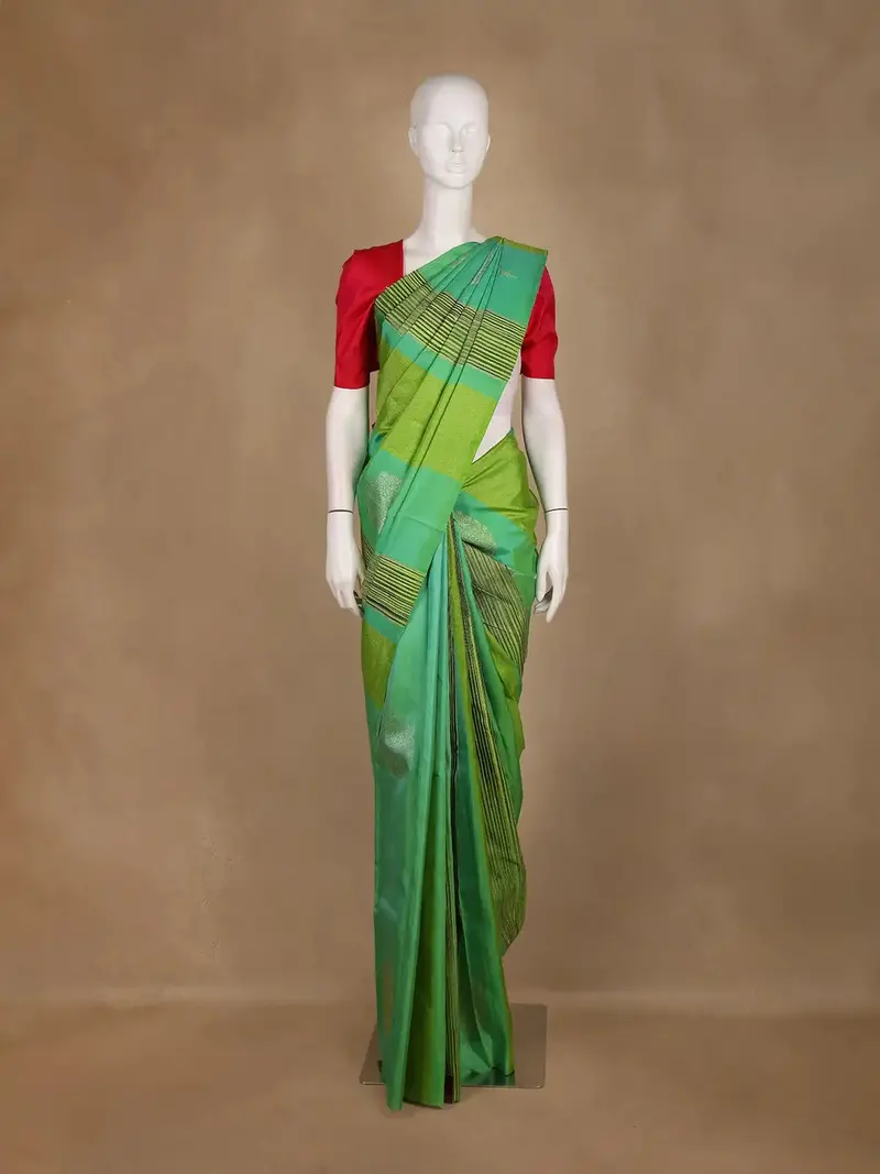 Green Stripes And Floral Woven Pure Kanchipuram Silk Saree 1
