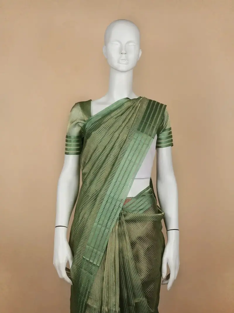 Green Stripes Designed Organza Designer Saree 2