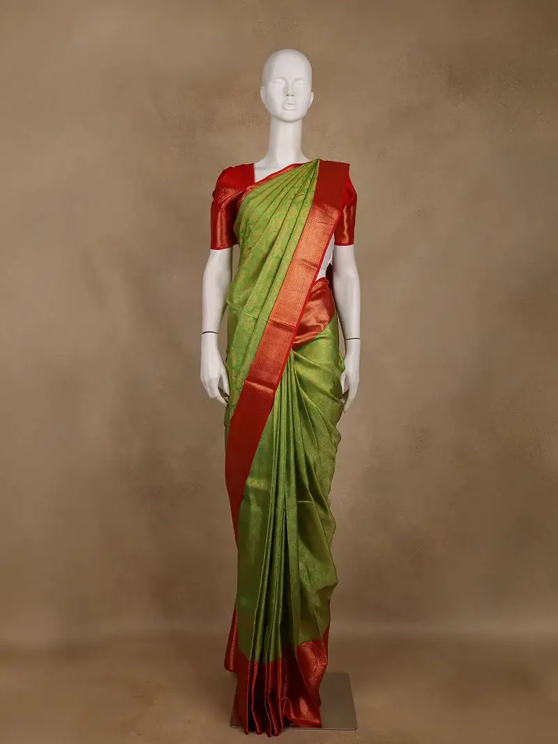 Green Tree Woven Kanchipuram Silk Saree With Contrast Red Zari Border 1