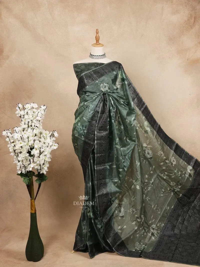 Green Tussar Silk Saree With Floral Prints On The Body And Thread Border 1