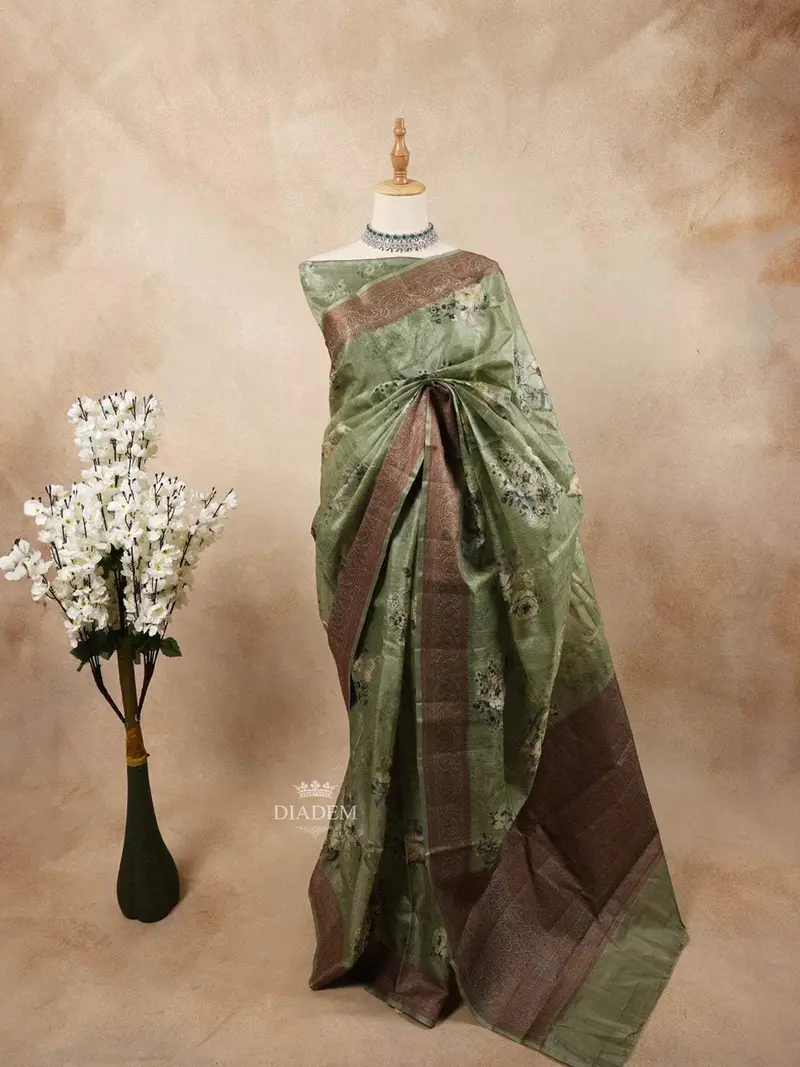 Green Tussar Silk Saree With Floral Prints On The Body And Thread Border 1