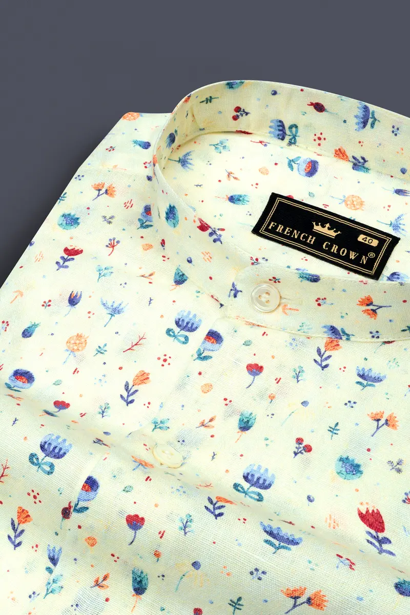 Green White Multicolour Mini Flowers Printed Luxurious Linen Shirt 1