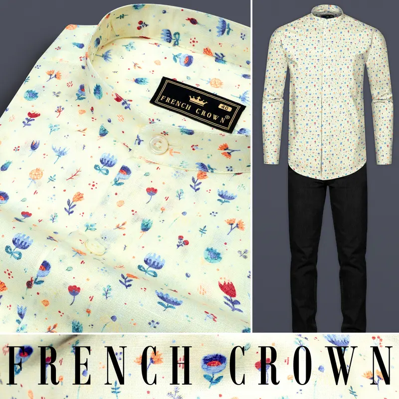 Green White Multicolour Mini Flowers Printed Luxurious Linen Shirt 10