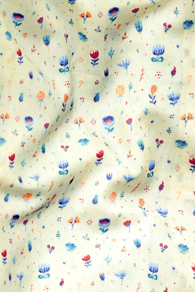 Green White Multicolour Mini Flowers Printed Luxurious Linen Shirt 2