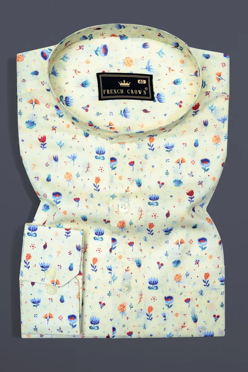 Green White Multicolour Mini Flowers Printed Luxurious Linen Shirt 3