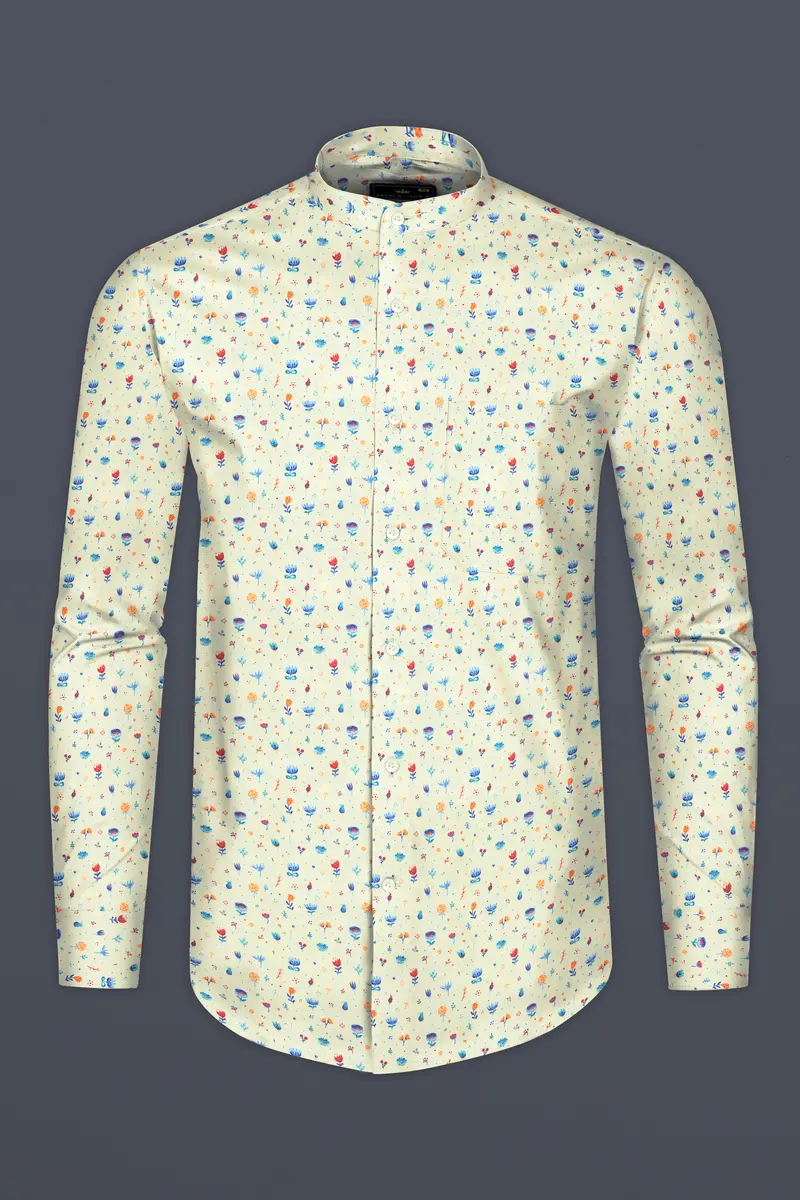 Green White Multicolour Mini Flowers Printed Luxurious Linen Shirt 4