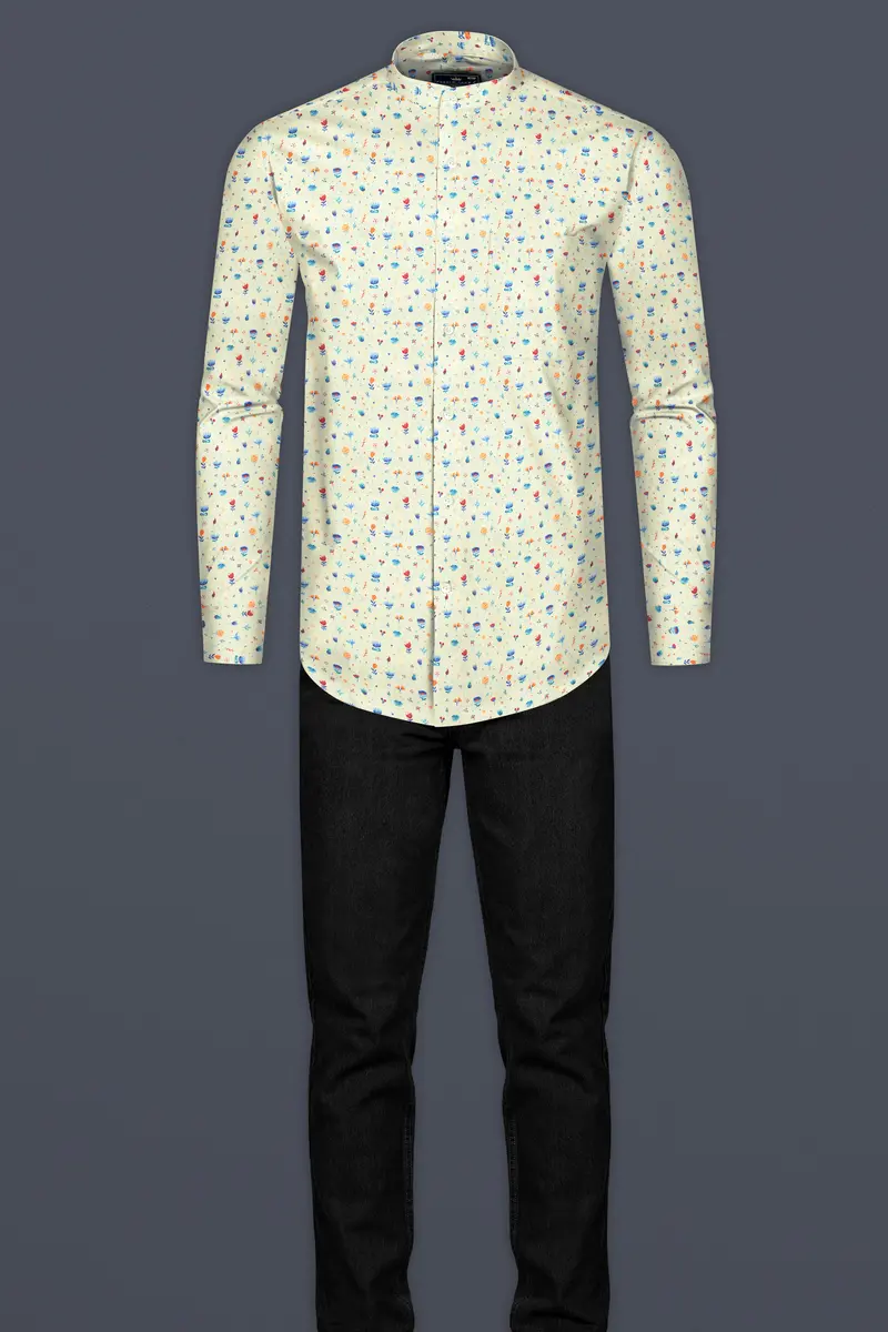 Green White Multicolour Mini Flowers Printed Luxurious Linen Shirt 6