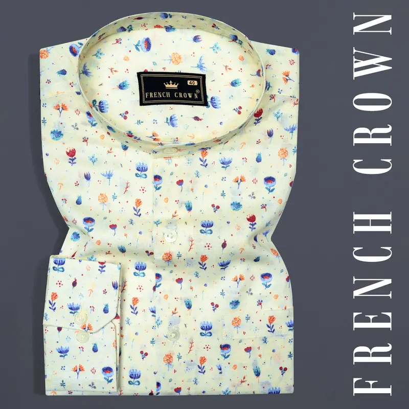 Green White Multicolour Mini Flowers Printed Luxurious Linen Shirt 7