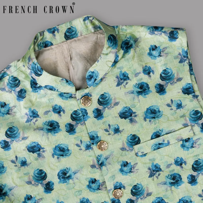 Green With Blue Flower Patterned And Jacquard Textured Designer Nehru Jacket 1