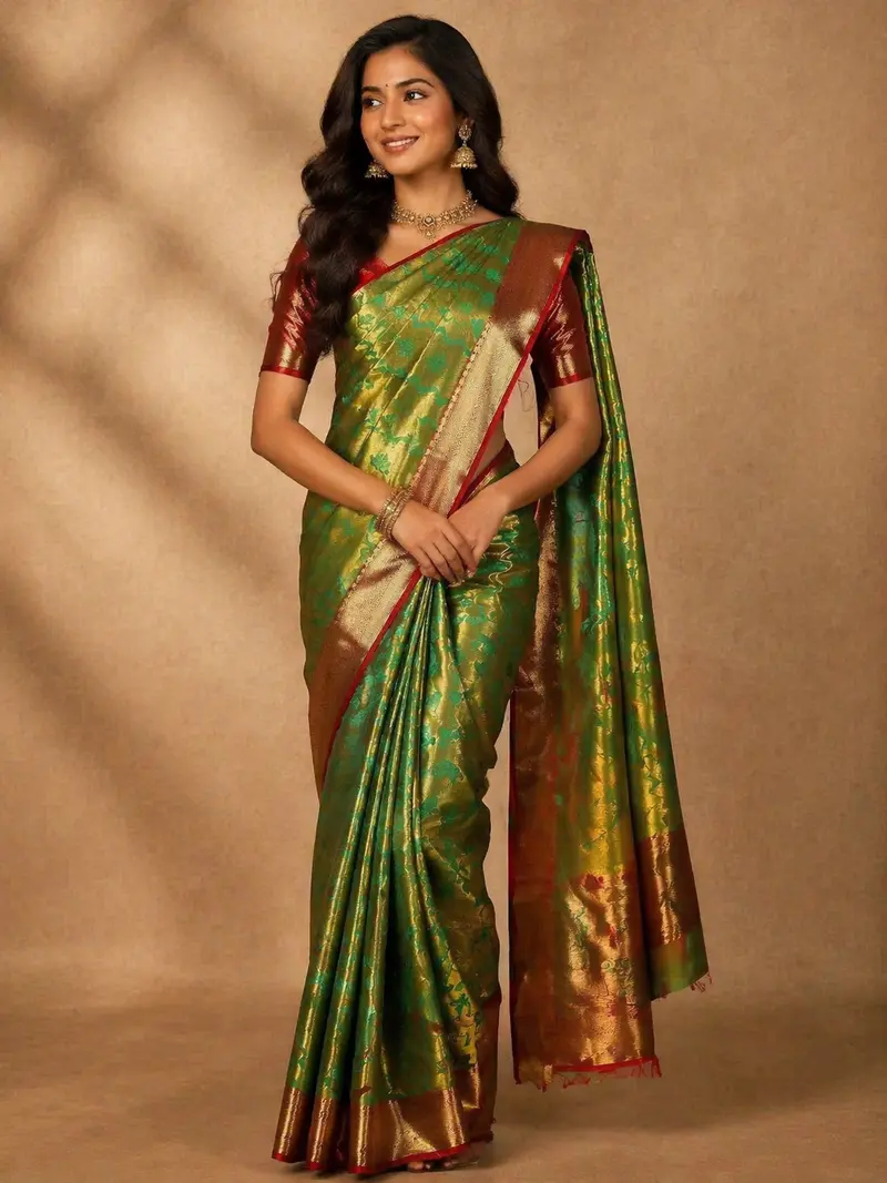 Green With Golden Sheen  Floral Design Semi Tissue Silk Saree 1
