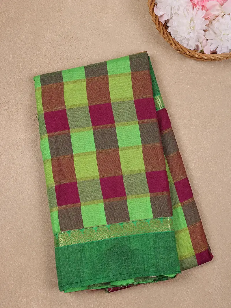Green With Multicolor Checked Designed Woven Semi Silk Fancy Saree 1
