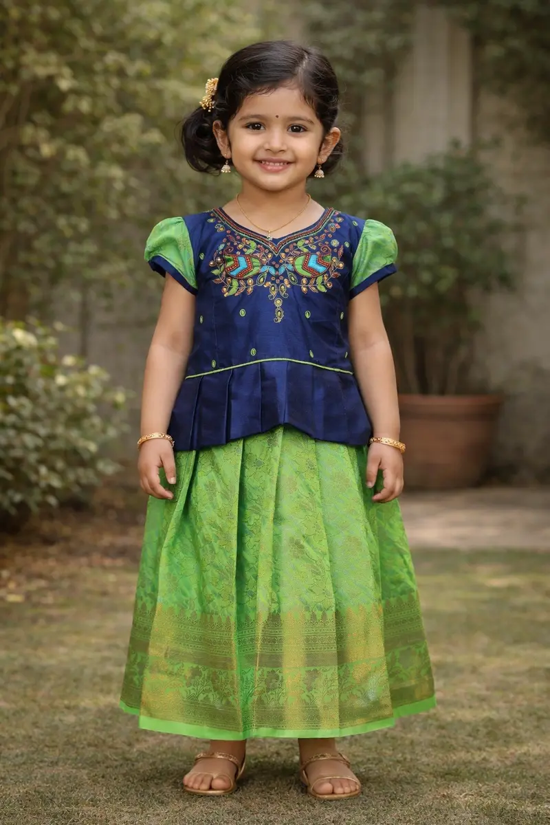 Green With Navy Blue Silk Pattu Pavadai Adorned With Embroidery And Zariwork 1