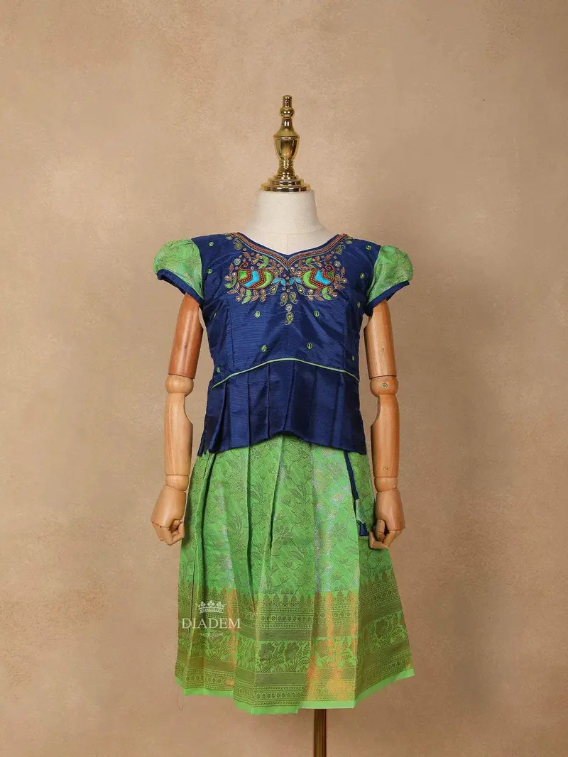 Green With Navy Blue Silk Pattu Pavadai Adorned With Embroidery And Zariwork 2