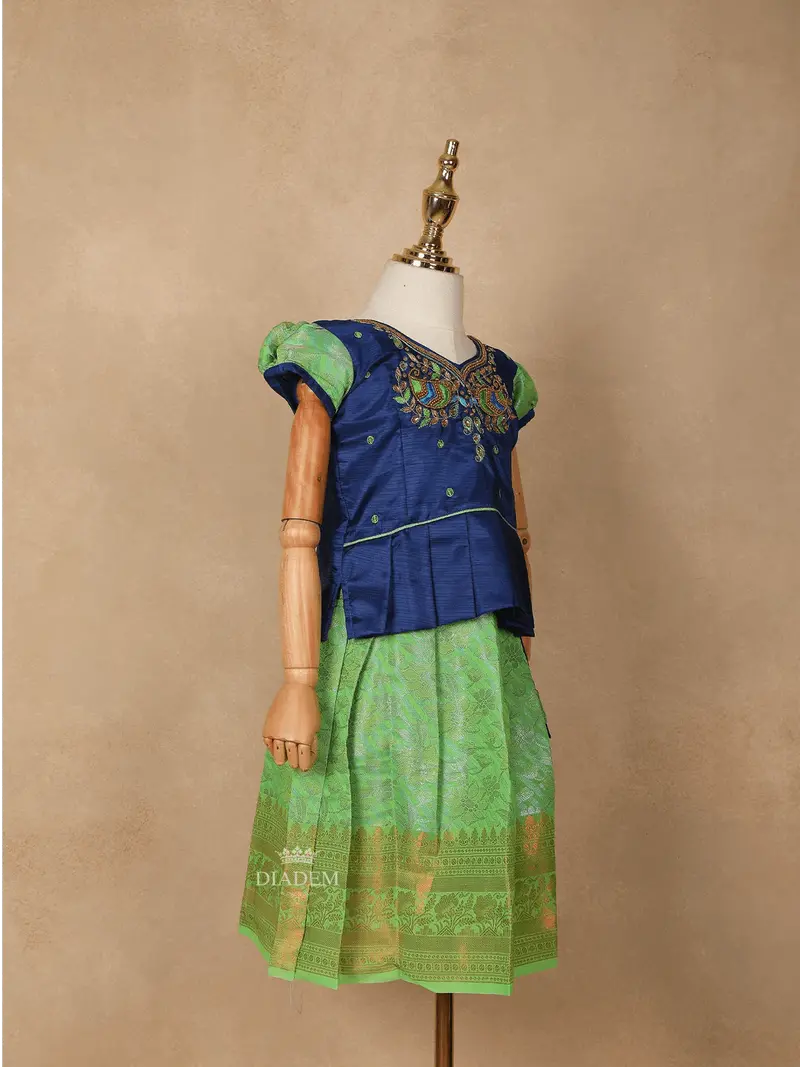 Green With Navy Blue Silk Pattu Pavadai Adorned With Embroidery And Zariwork 4