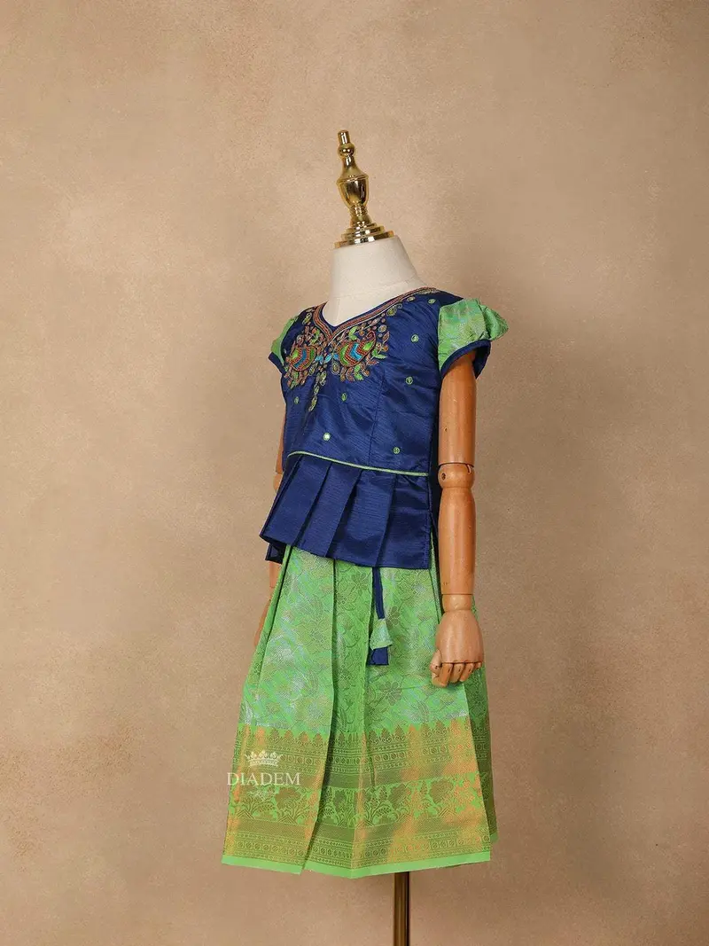 Green With Navy Blue Silk Pattu Pavadai Adorned With Embroidery And Zariwork 5