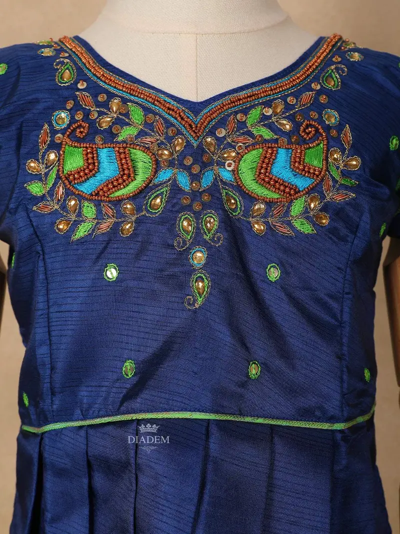 Green With Navy Blue Silk Pattu Pavadai Adorned With Embroidery And Zariwork 6