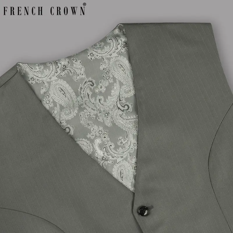 Greenish Grey Striped Wool Rich Waistcoat 1