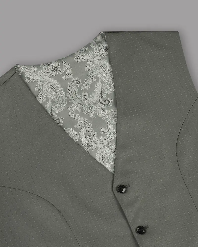 Greenish Grey Striped Wool Rich Waistcoat 2
