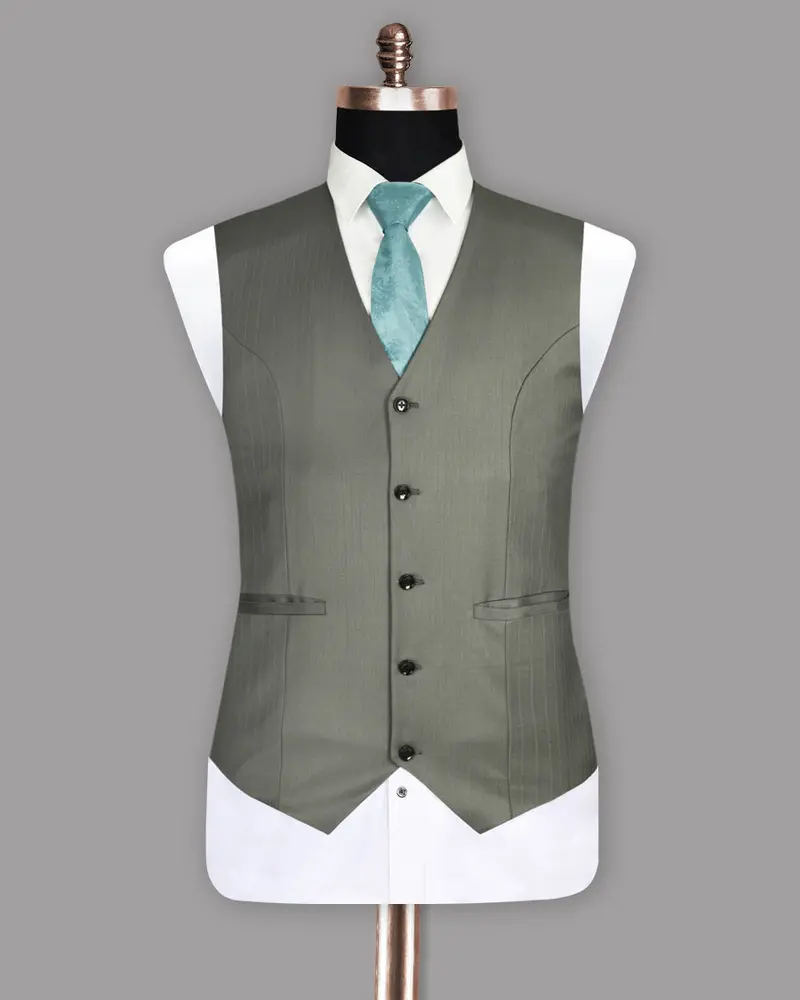 Greenish Grey Striped Wool Rich Waistcoat 4