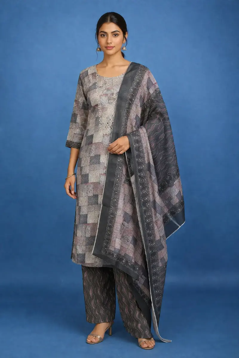 Grey Abstract Designed Cotton Salwar Suit 1