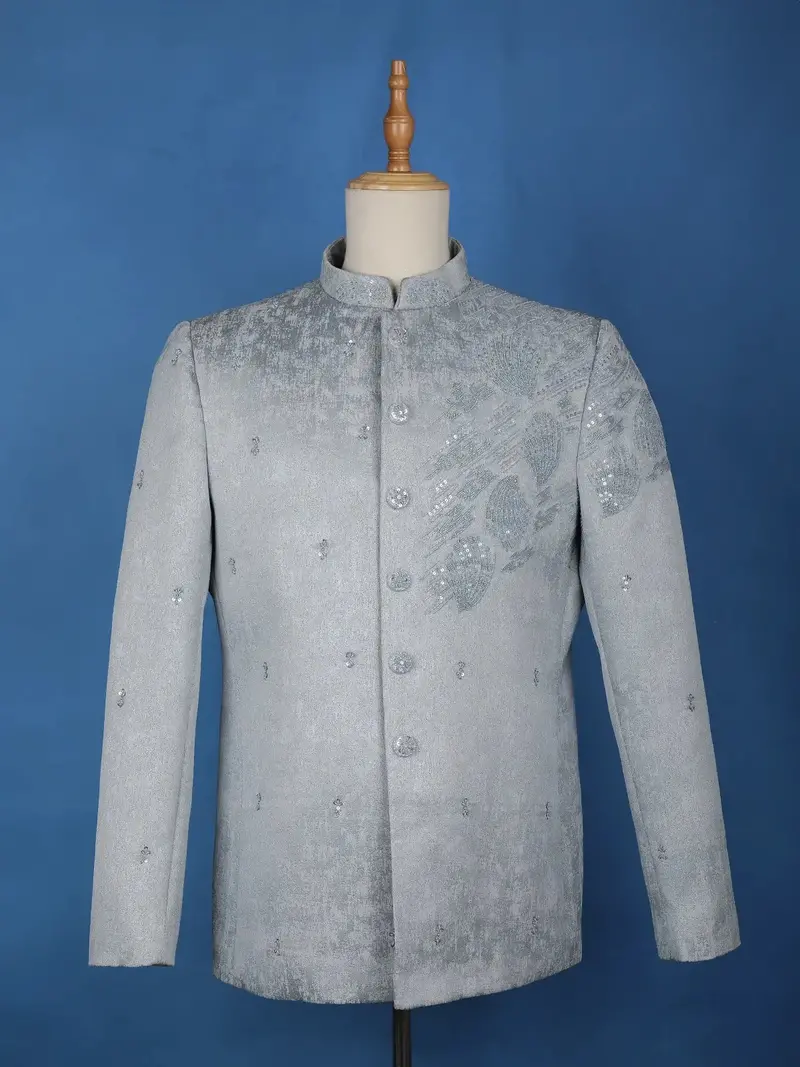 Grey Abstract Designed Jodhpuri Men's Suit 1