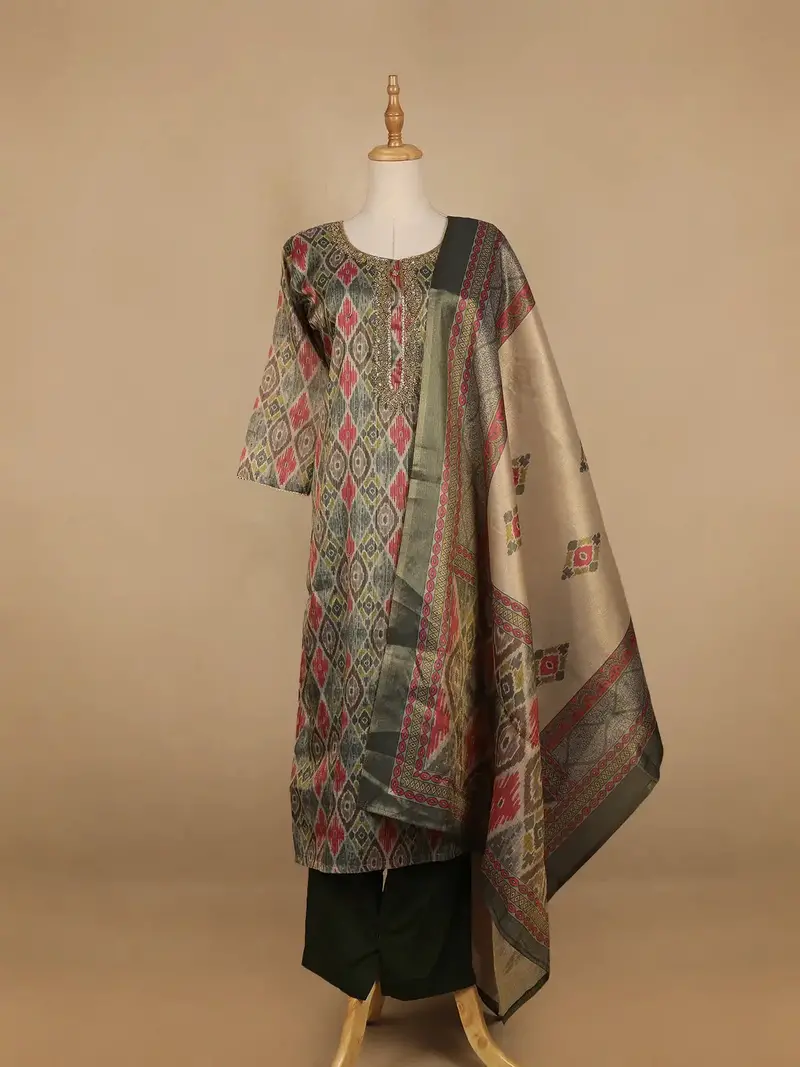 Grey Abstract Print Tissue Straight Cut Salwar Suit 1
