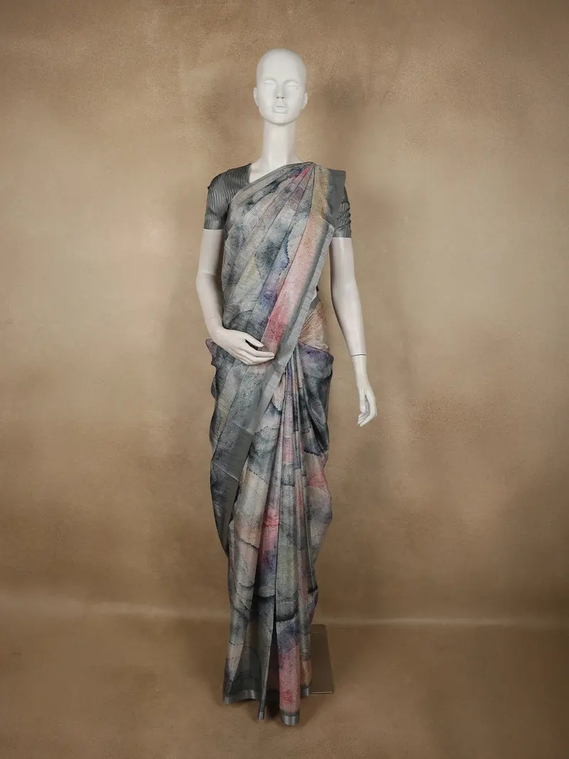 Grey Abstract Printed Design Semi Tussar Fancy Saree 1