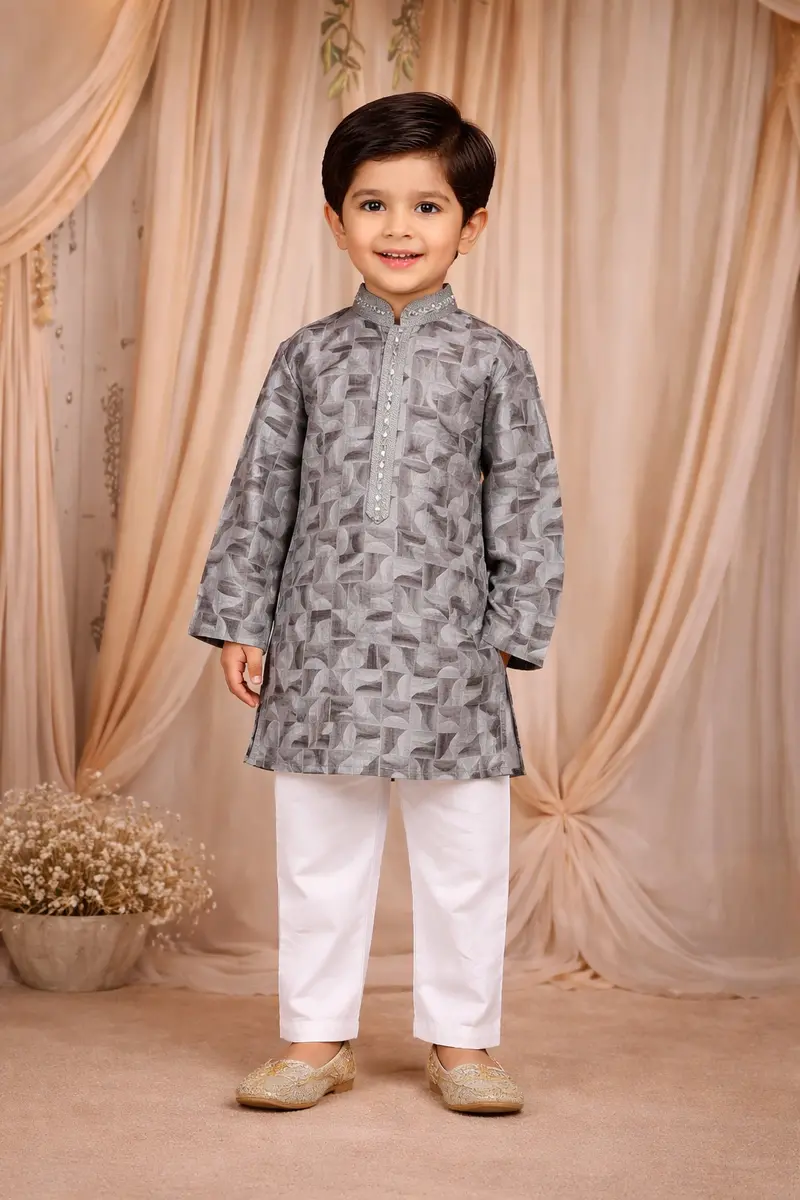 Grey Abstract Woven Design Cotton Kids Kurta Set 1