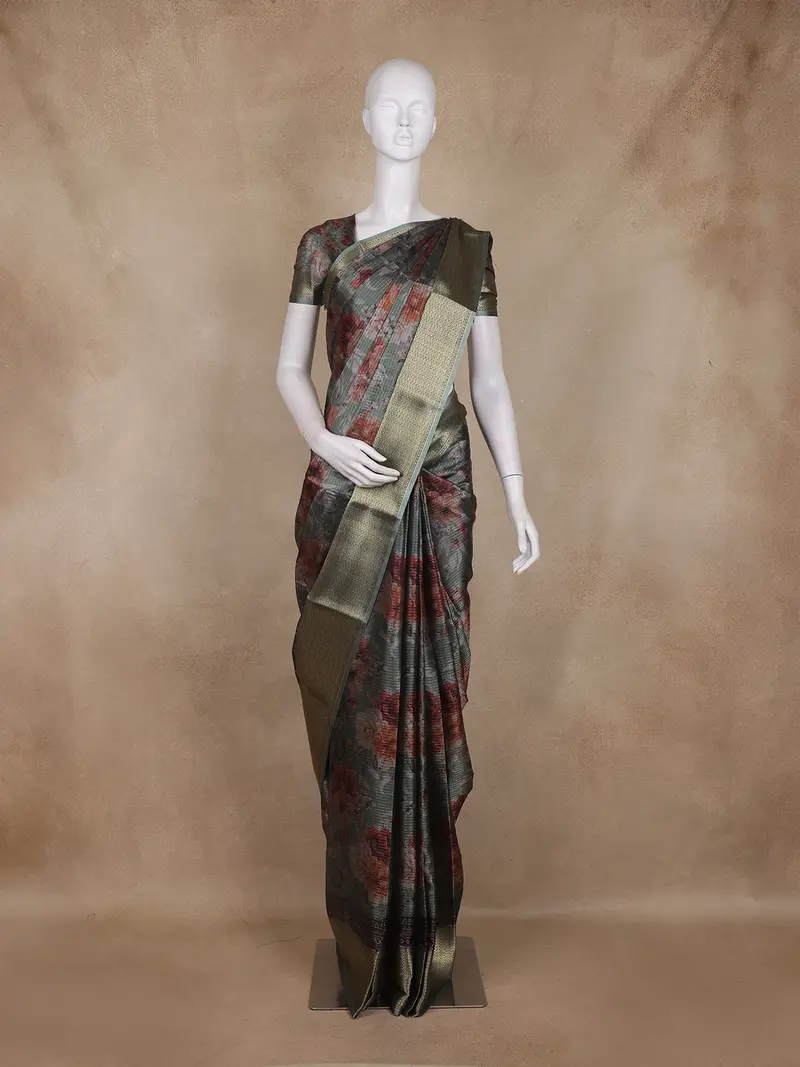 Grey And Maroon Floral Printed Design Mixed Cotton Fancy Saree With Zari Border 1