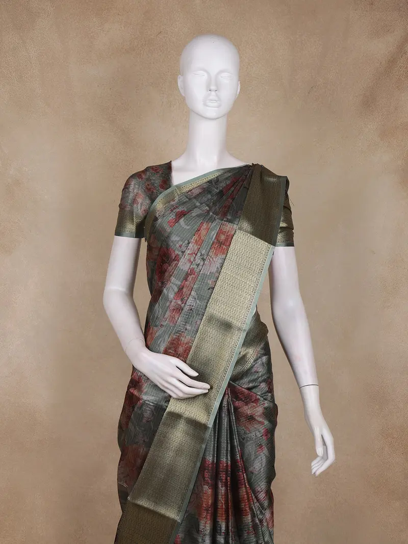 Grey And Maroon Floral Printed Design Mixed Cotton Fancy Saree With Zari Border 2