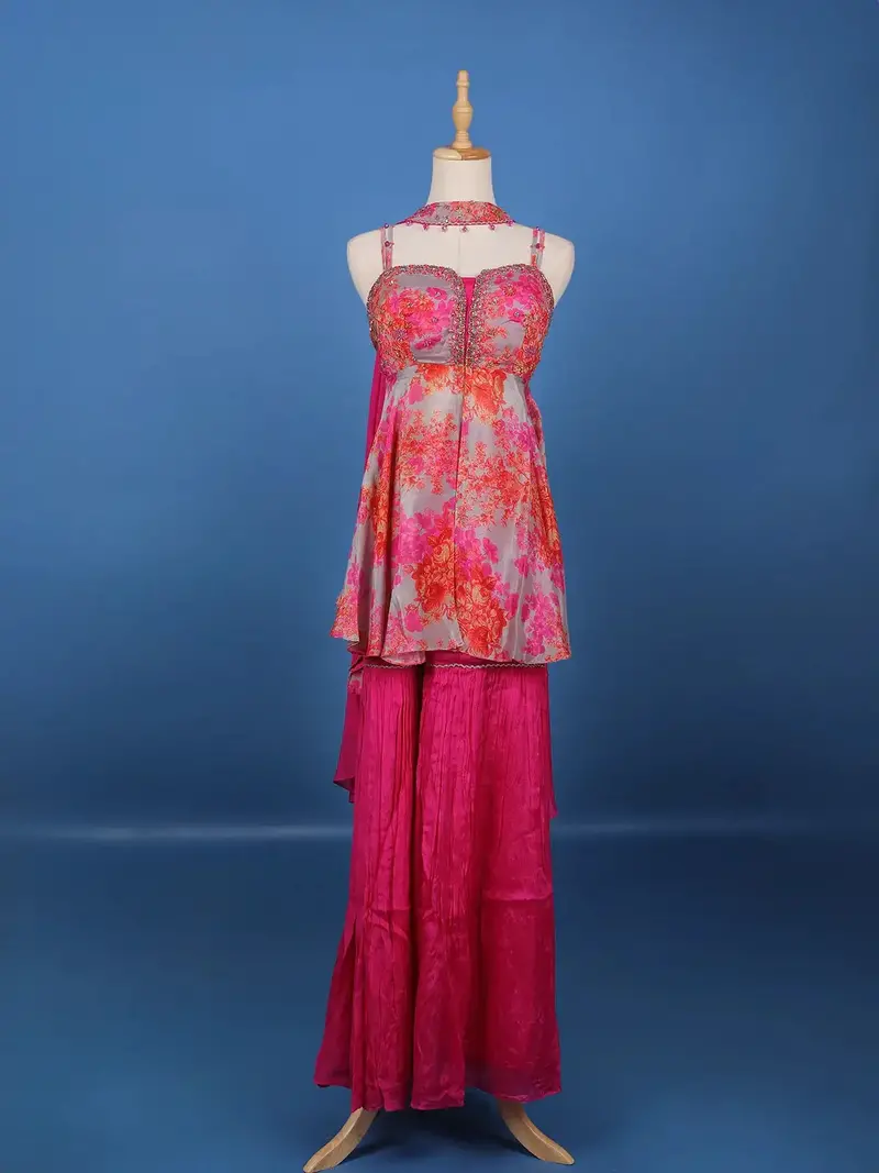 Grey And Pink Floral Printed Synthetic Sharara Set 1