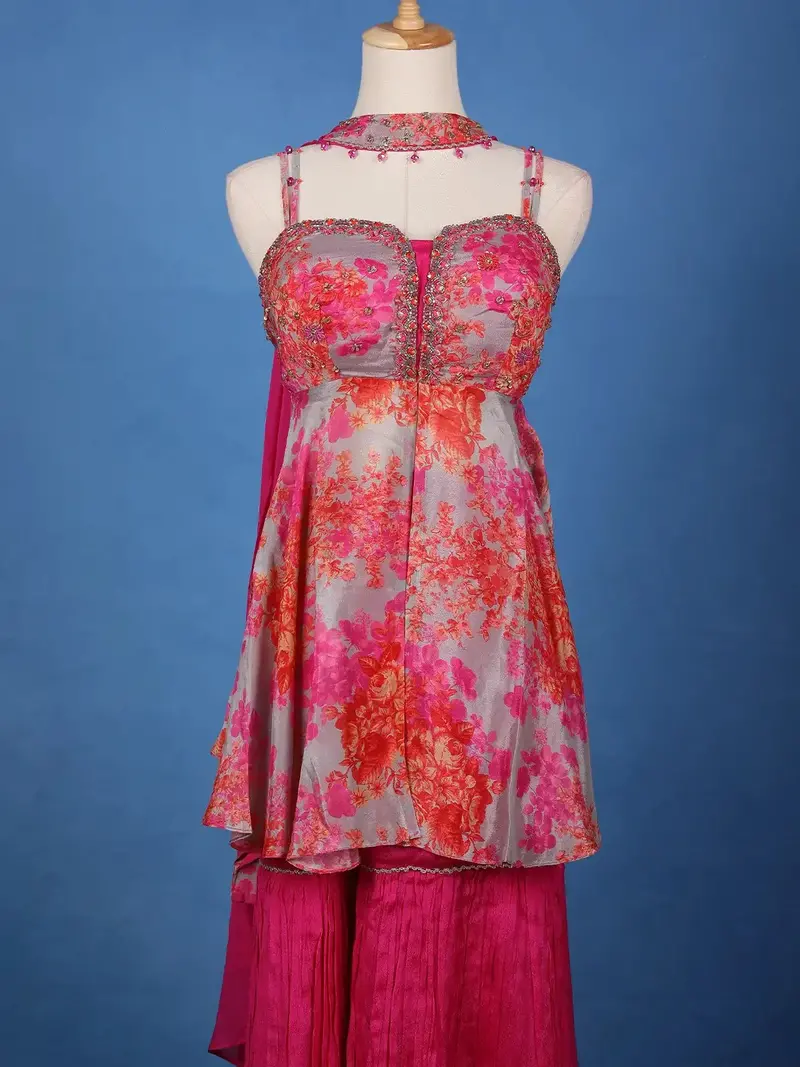 Grey And Pink Floral Printed Synthetic Sharara Set 2