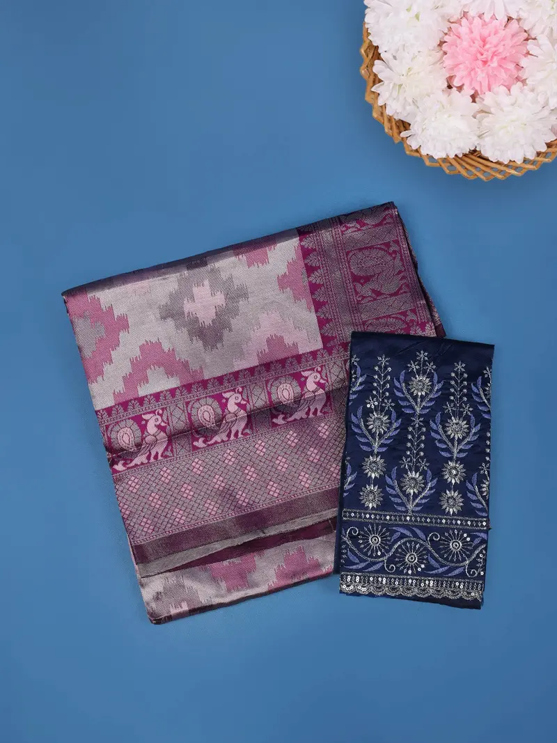 Grey And Pink Ikat Design Art Silk Saree With Contrast Navy Blue Embroidered Blouse 1