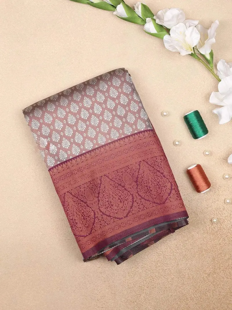Grey Art Silk Saree With Leaf Grid  Design On The Body With Contrast Border 1