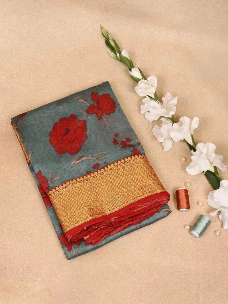 Grey Banarasi Saree With Flower Design On The Body With Contrast Zari Border 1