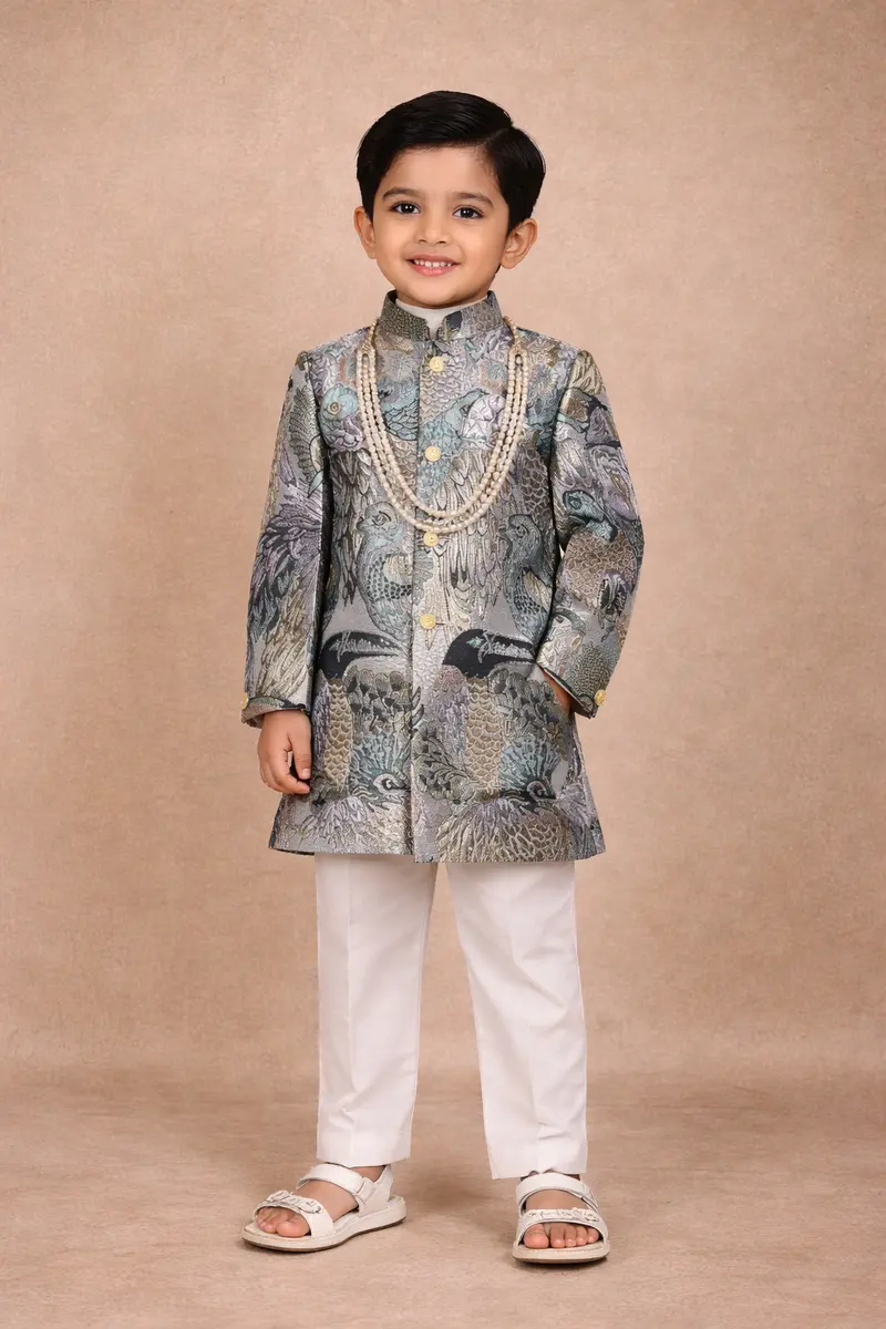 Grey Bird Design Silk Kids Sherwani Set With White Pants 1