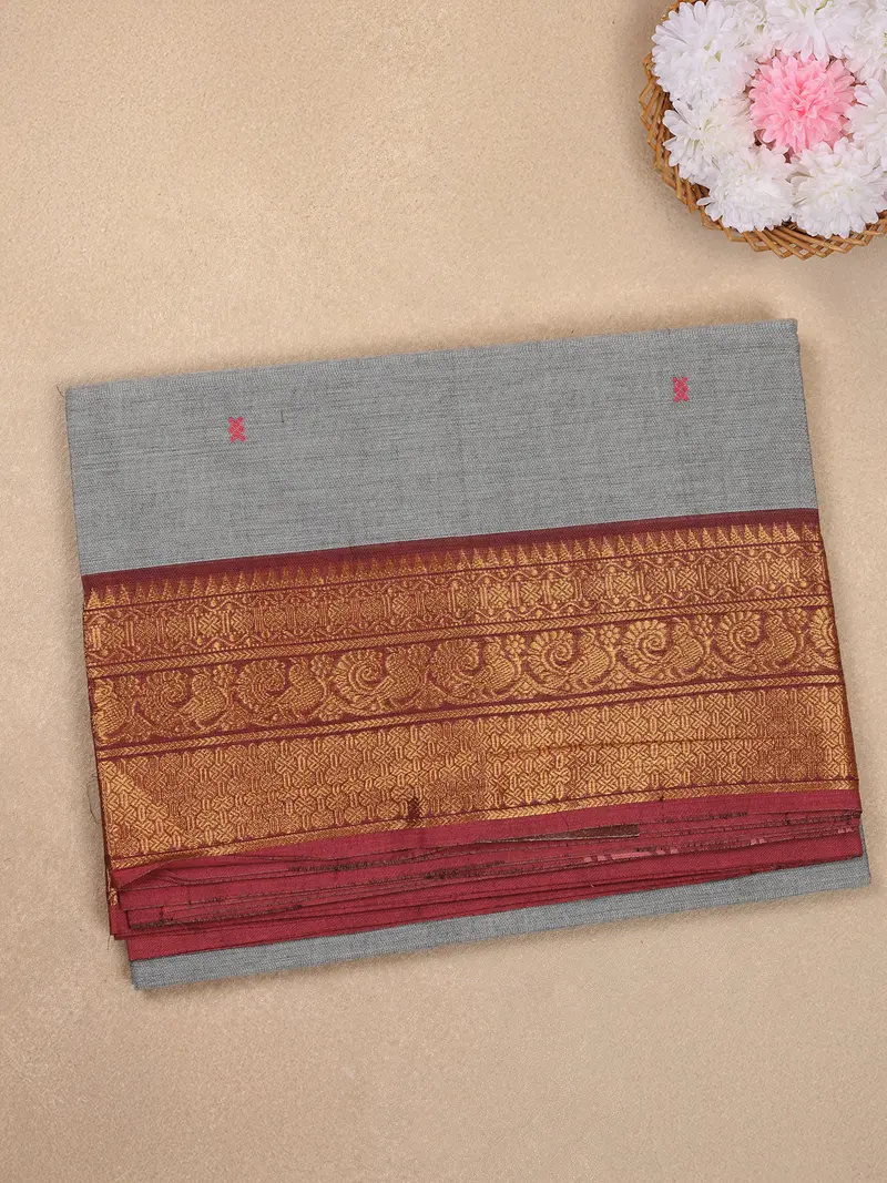 Grey Butta Woven Design Cotton Saree With Contrast Zari Border 1