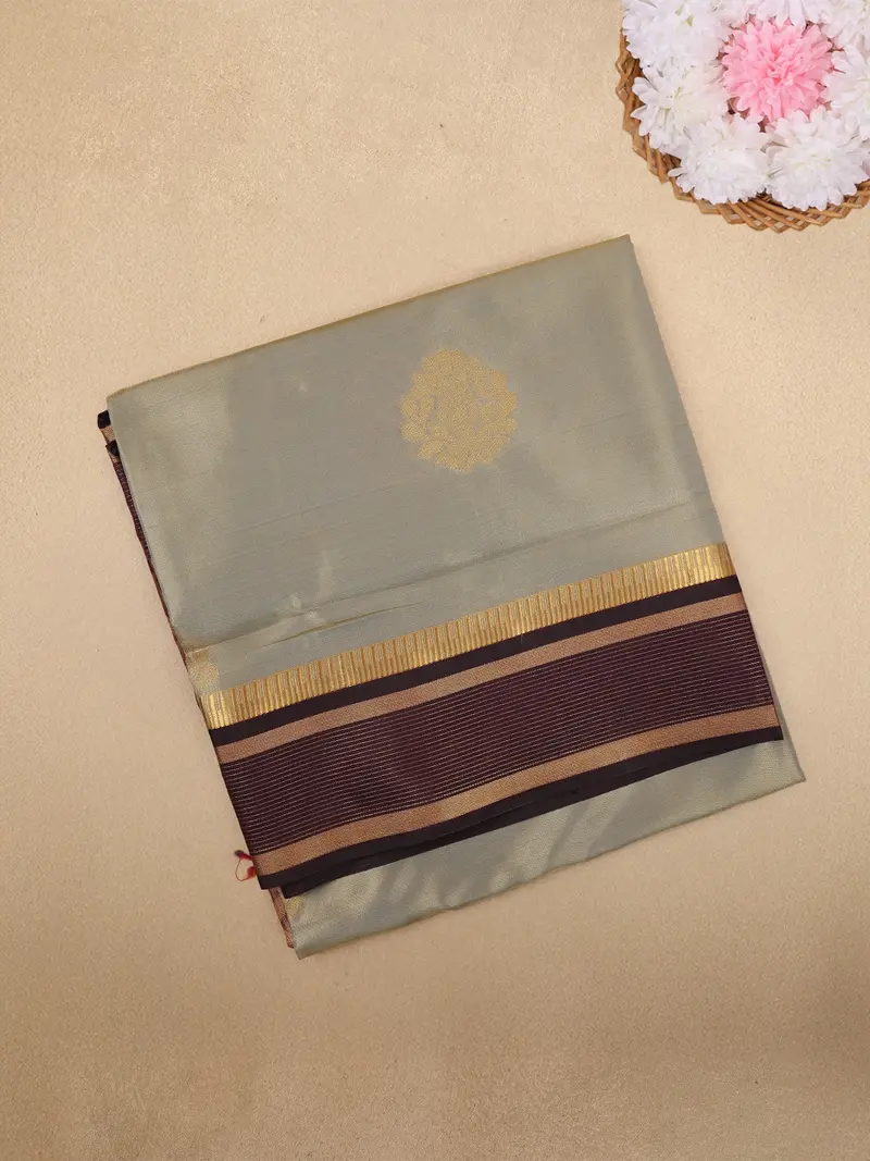 Grey Butta Woven Tissue Saree With Contrast Maroon Zari Border 1
