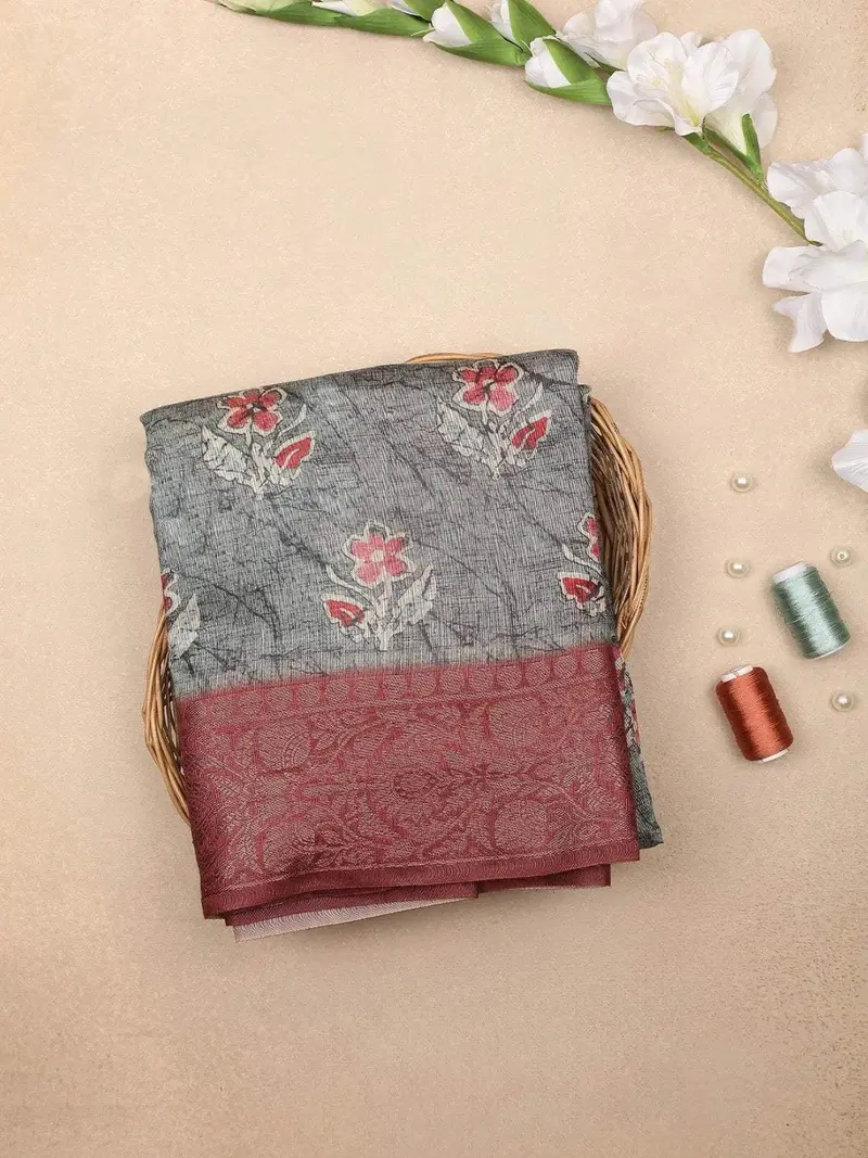 Grey Chanderi Silk Saree With Flower Design On The Body With Contrast Border 1