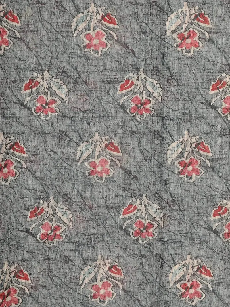Grey Chanderi Silk Saree With Flower Design On The Body With Contrast Border 2