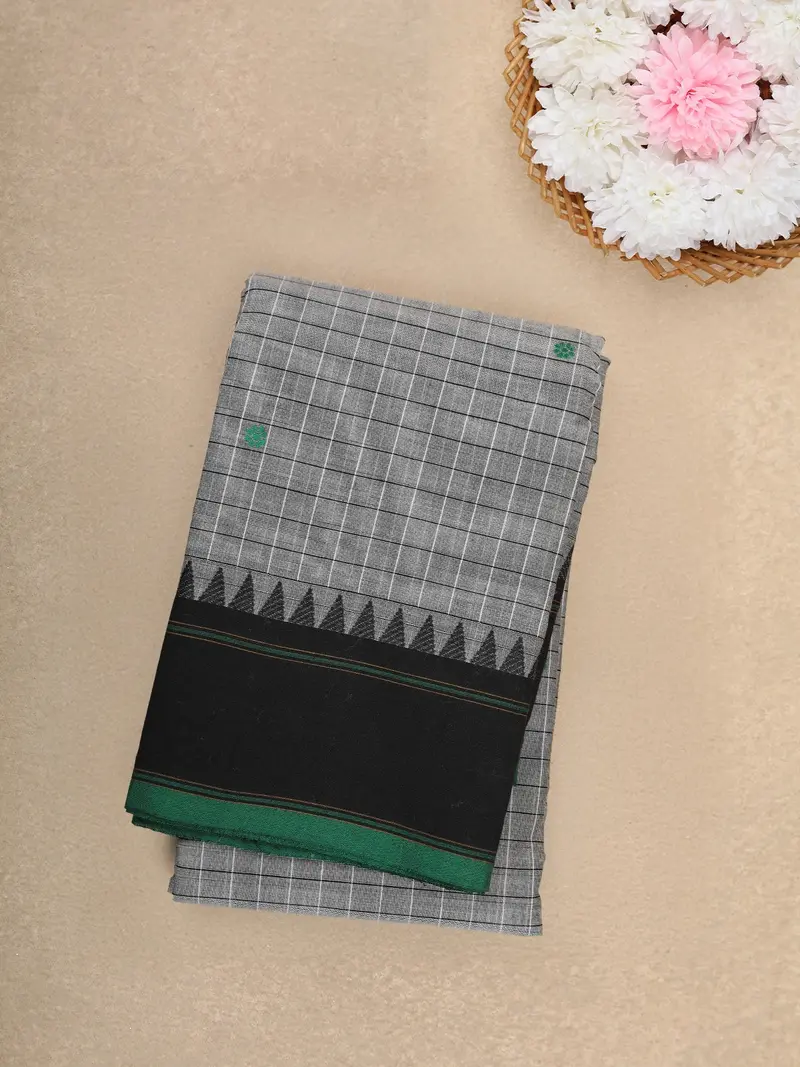 Grey Checked Design Cotton Saree With Black Temple Border 1