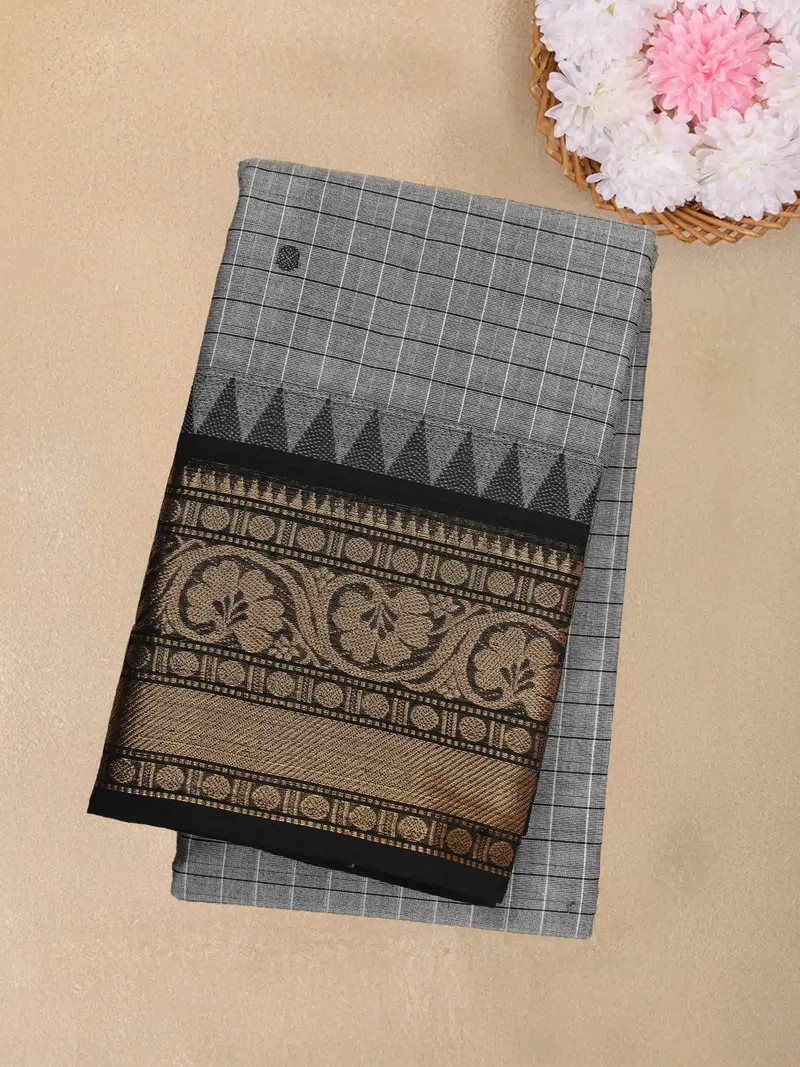 Grey Checked Woven Design Cotton Saree With Black Zari Woven Border 1