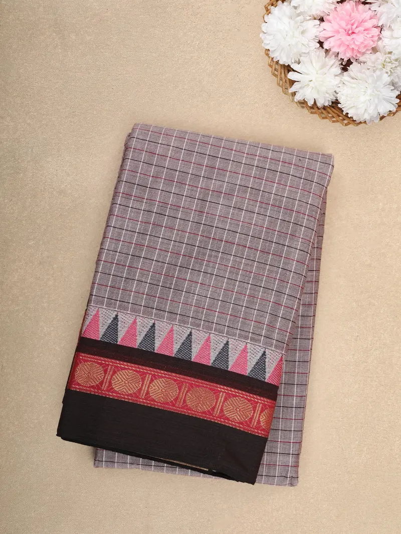 Grey Checked Woven Design Cotton Saree With Black Zari Woven Border 1