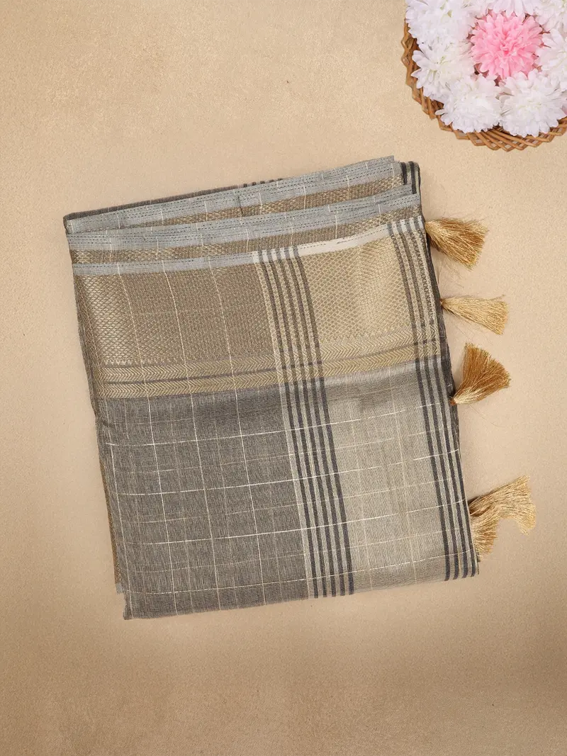 Grey Checked Woven Tissue Saree With Golden Zari Border 1