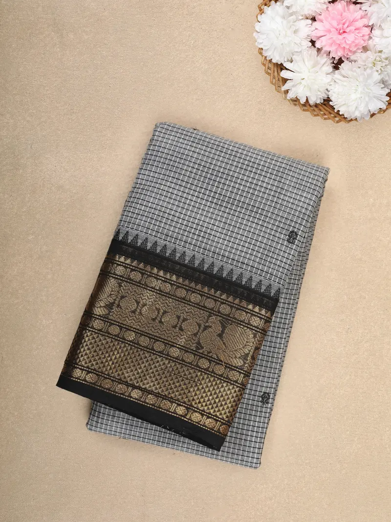 Grey Checks Design Cotton Saree With Black Zari Woven Border 1